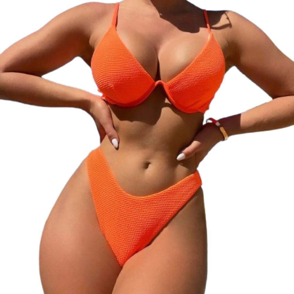 Women's Neon Orange Sexy Smocked Underwire Bikini Swimsuit Size Medium
